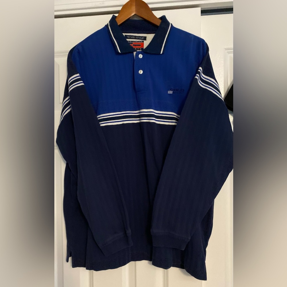Men’s long sleeve blue and white polo shirt, size L